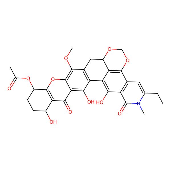 2D Structure of (24-Ethyl-3,7,28-trihydroxy-14-methoxy-25-methyl-5,26-dioxo-12,18,20-trioxa-25-azaheptacyclo[15.11.1.02,15.04,13.06,11.021,29.022,27]nonacosa-1(28),2(15),3,6(11),13,21(29),22(27),23-octaen-10-yl) acetate