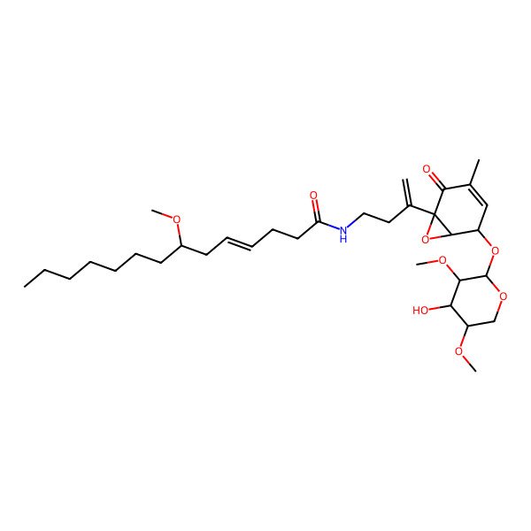 2D Structure of (E,7S)-N-[3-[(1S,5R,6S)-5-[(2S,3R,4S,5R)-4-hydroxy-3,5-dimethoxyoxan-2-yl]oxy-3-methyl-2-oxo-7-oxabicyclo[4.1.0]hept-3-en-1-yl]but-3-enyl]-7-methoxytetradec-4-enamide