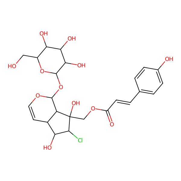 2D Structure of [6-chloro-5,7-dihydroxy-1-[3,4,5-trihydroxy-6-(hydroxymethyl)oxan-2-yl]oxy-4a,5,6,7a-tetrahydro-1H-cyclopenta[c]pyran-7-yl]methyl 3-(4-hydroxyphenyl)prop-2-enoate