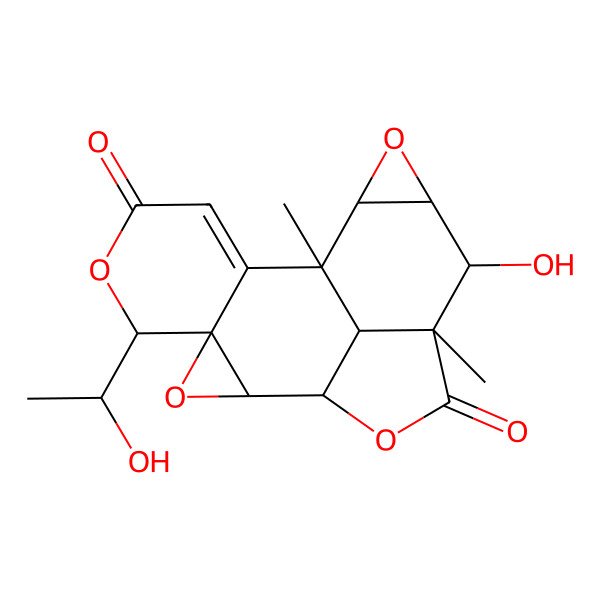 2D Structure of (1S,10S,14R,15R)-14-hydroxy-5-[(1S)-1-hydroxyethyl]-10,15-dimethyl-3,6,12,17-tetraoxahexacyclo[8.7.1.02,4.04,9.011,13.015,18]octadec-8-ene-7,16-dione