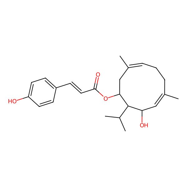 2D Structure of [(1S,3E,7E,9S,10S)-9-hydroxy-3,7-dimethyl-10-propan-2-ylcyclodeca-3,7-dien-1-yl] (E)-3-(4-hydroxyphenyl)prop-2-enoate