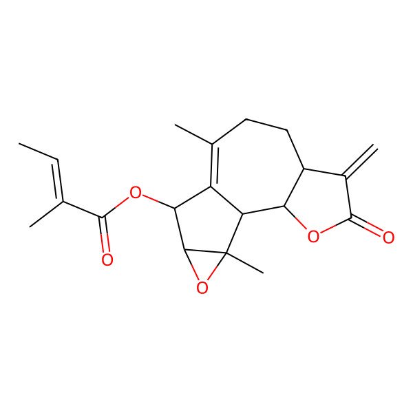 2D Structure of [(1S,2S,6S,11R,12R,14S)-9,14-dimethyl-5-methylidene-4-oxo-3,13-dioxatetracyclo[8.4.0.02,6.012,14]tetradec-9-en-11-yl] (E)-2-methylbut-2-enoate
