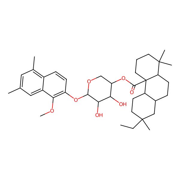 2D Structure of [(3S,4R,5R,6S)-4,5-dihydroxy-6-(1-methoxy-5,7-dimethylnaphthalen-2-yl)oxyoxan-3-yl] (4aS,4bS,7S,8aS,10aS)-7-ethyl-1,1,7-trimethyl-3,4,4b,5,6,8,8a,9,10,10a-decahydro-2H-phenanthrene-4a-carboxylate
