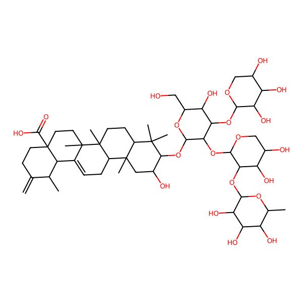 2D Structure of (1R,4aS,6aR,6aS,6bR,8aR,10R,11R,12aR,14bS)-10-[(2R,3R,4S,5R,6R)-3-[(2S,3R,4S,5S)-4,5-dihydroxy-3-[(2S,3R,4S,5S,6R)-3,4,5-trihydroxy-6-methyloxan-2-yl]oxyoxan-2-yl]oxy-5-hydroxy-6-(hydroxymethyl)-4-[(2S,3R,4S,5R)-3,4,5-trihydroxyoxan-2-yl]oxyoxan-2-yl]oxy-11-hydroxy-1,6a,6b,9,9,12a-hexamethyl-2-methylidene-1,3,4,5,6,6a,7,8,8a,10,11,12,13,14b-tetradecahydropicene-4a-carboxylic acid