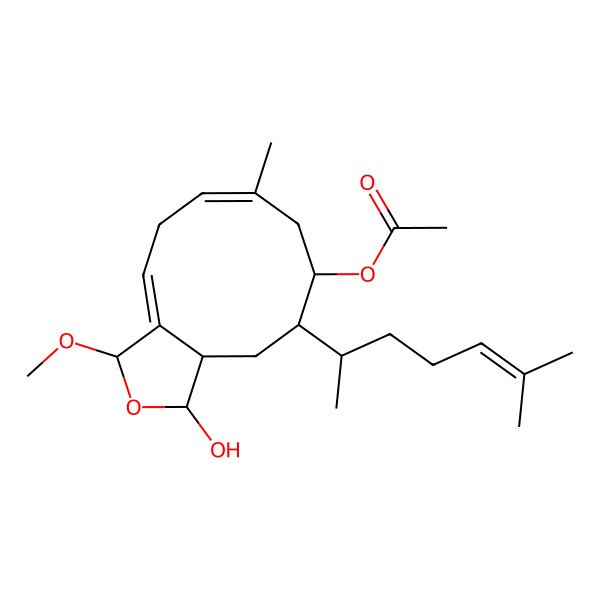 2D Structure of [1-Hydroxy-3-methoxy-7-methyl-10-(6-methylhept-5-en-2-yl)-1,3,5,8,9,10,11,11a-octahydrocyclodeca[c]furan-9-yl] acetate