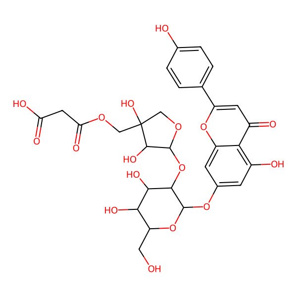 2D Structure of 3-[[5-[4,5-Dihydroxy-2-[5-hydroxy-2-(4-hydroxyphenyl)-4-oxochromen-7-yl]oxy-6-(hydroxymethyl)oxan-3-yl]oxy-3,4-dihydroxyoxolan-3-yl]methoxy]-3-oxopropanoic acid