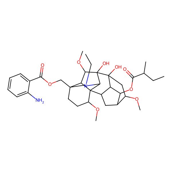 2D Structure of [(1S,2R,3R,4S,5R,6S,8R,9S,10S,13S,16S,17R,18R)-11-ethyl-8,9-dihydroxy-6,16,18-trimethoxy-4-[(2S)-2-methylbutanoyl]oxy-11-azahexacyclo[7.7.2.12,5.01,10.03,8.013,17]nonadecan-13-yl]methyl 2-aminobenzoate