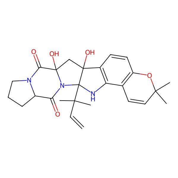2D Structure of 1,22-Dihydroxy-7,7-dimethyl-13-(2-methylbut-3-en-2-yl)-6-oxa-12,14,20-triazahexacyclo[11.10.0.02,11.05,10.014,22.016,20]tricosa-2(11),3,5(10),8-tetraene-15,21-dione