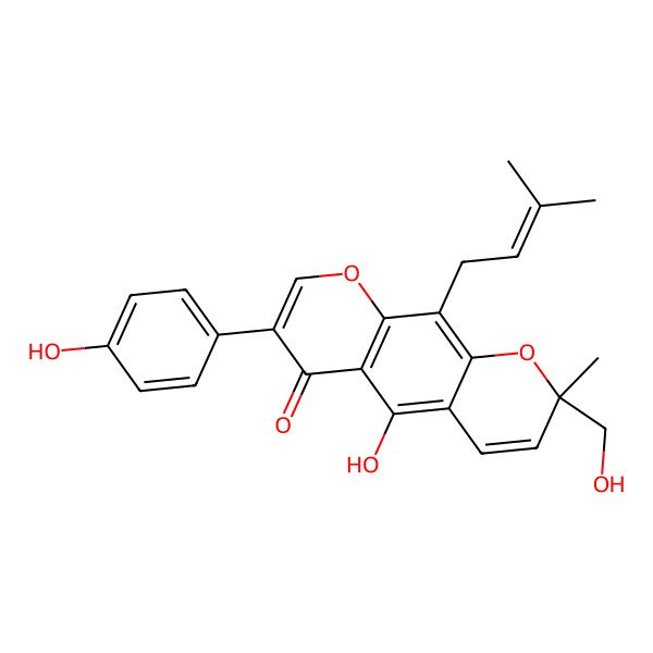 2D Structure of 5-Hydroxy-2-(hydroxymethyl)-7-(4-hydroxyphenyl)-2-methyl-10-(3-methylbut-2-enyl)pyrano[3,2-g]chromen-6-one