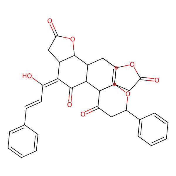 2D Structure of (1R,2R,4Z,5R,9S,10R,11R,15S,18R,22S)-4-[(E)-1-hydroxy-3-phenylprop-2-enylidene]-15-phenyl-8,14,21-trioxahexacyclo[9.6.5.01,13.02,10.05,9.018,22]docos-12-ene-3,7,17,20-tetrone