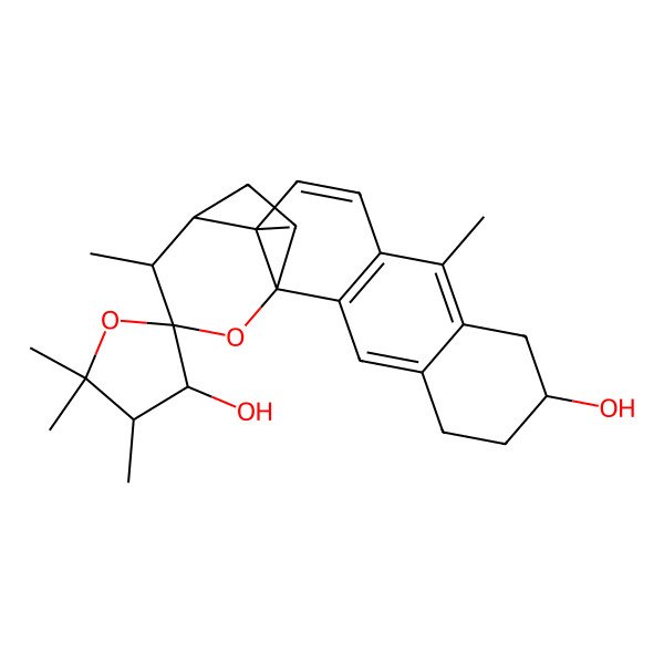 2D Structure of (1R,3'R,4'S,7S,14R,15R,16S,17R)-4',5',5',10,14,16-hexamethylspiro[18-oxapentacyclo[13.3.2.01,14.02,11.04,9]icosa-2(11),3,9,12-tetraene-17,2'-oxolane]-3',7-diol