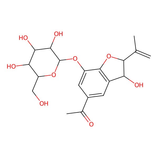 2D Structure of 1-[(2R,3S)-3-hydroxy-2-prop-1-en-2-yl-7-[(2R,3S,4R,5R,6S)-3,4,5-trihydroxy-6-(hydroxymethyl)oxan-2-yl]oxy-2,3-dihydro-1-benzofuran-5-yl]ethanone