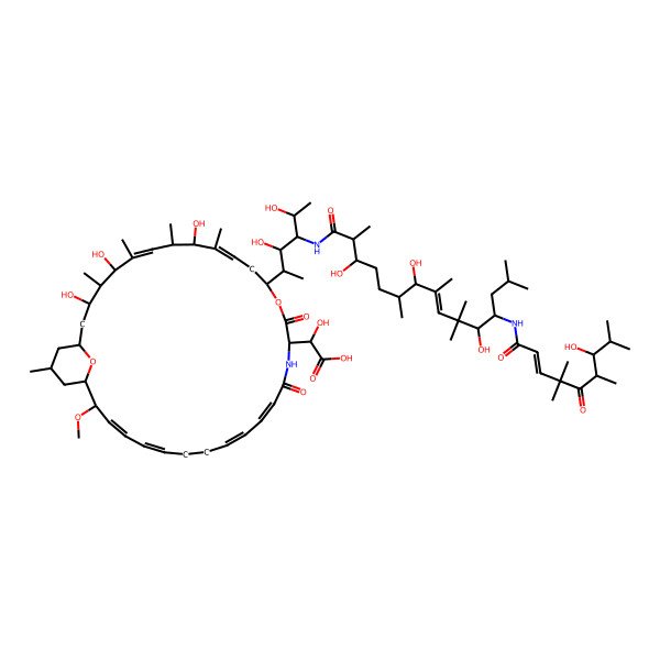 2D Structure of 2-[13-[3,5-Dihydroxy-4-[[3,7,11-trihydroxy-12-[(7-hydroxy-4,4,6,8-tetramethyl-5-oxonon-2-enoyl)amino]-2,6,8,10,10,14-hexamethylpentadec-8-enoyl]amino]hexan-2-yl]-3,5,9-trihydroxy-29-methoxy-4,6,8,10,32-pentamethyl-15,18-dioxo-14,34-dioxa-17-azabicyclo[28.3.1]tetratriaconta-6,10,19,21,25,27-hexaen-16-yl]-2-hydroxyacetic acid