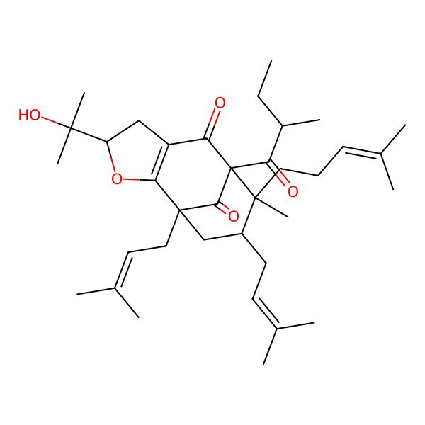 2D Structure of 4-(2-Hydroxypropan-2-yl)-9-methyl-8-(2-methylbutanoyl)-1,10-bis(3-methylbut-2-enyl)-9-(4-methylpent-3-enyl)-3-oxatricyclo[6.3.1.02,6]dodec-2(6)-ene-7,12-dione
