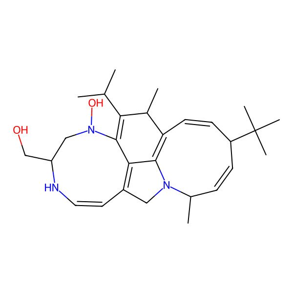 2D Structure of [(3Z,5S,6Z,14S,16Z)-5-tert-butyl-12-hydroxy-2,9-dimethyl-10-propan-2-yl-1,12,15-triazatetracyclo[16.2.1.08,20.011,19]henicosa-3,6,8(20),10,16,18-hexaen-14-yl]methanol