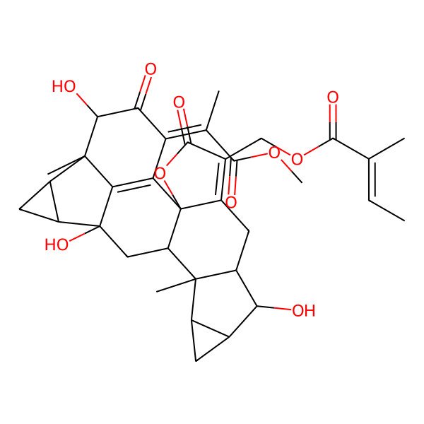 2D Structure of [(2R,8R,9R,10S,12R,13S,14S,16S,17S,19R,20S,21R,23E)-9,16,21-trihydroxy-23-(1-methoxy-1-oxopropan-2-ylidene)-13,20-dimethyl-4,22-dioxo-3-oxaoctacyclo[14.7.1.02,6.02,14.08,13.010,12.017,19.020,24]tetracosa-1(24),5-dien-5-yl]methyl (E)-2-methylbut-2-enoate