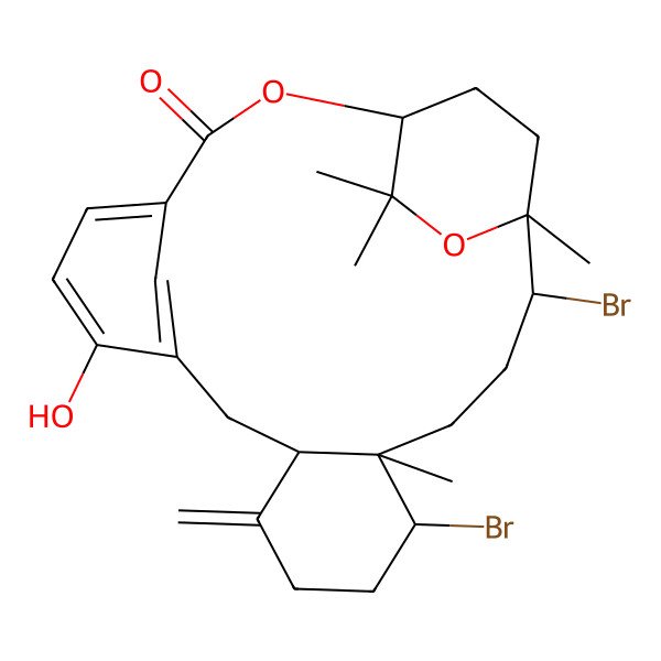 2D Structure of 14,18-Dibromo-7-hydroxy-15,19,21,21-tetramethyl-11-methylidene-2,20-dioxatetracyclo[17.2.2.14,8.010,15]tetracosa-4(24),5,7-trien-3-one
