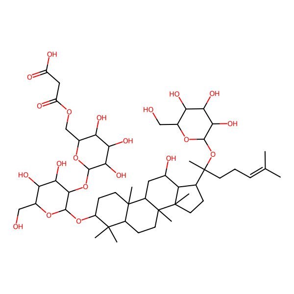 2D Structure of 3-[[6-[4,5-dihydroxy-6-(hydroxymethyl)-2-[[12-hydroxy-4,4,8,10,14-pentamethyl-17-[6-methyl-2-[3,4,5-trihydroxy-6-(hydroxymethyl)oxan-2-yl]oxyhept-5-en-2-yl]-2,3,5,6,7,9,11,12,13,15,16,17-dodecahydro-1H-cyclopenta[a]phenanthren-3-yl]oxy]oxan-3-yl]oxy-3,4,5-trihydroxyoxan-2-yl]methoxy]-3-oxopropanoic acid