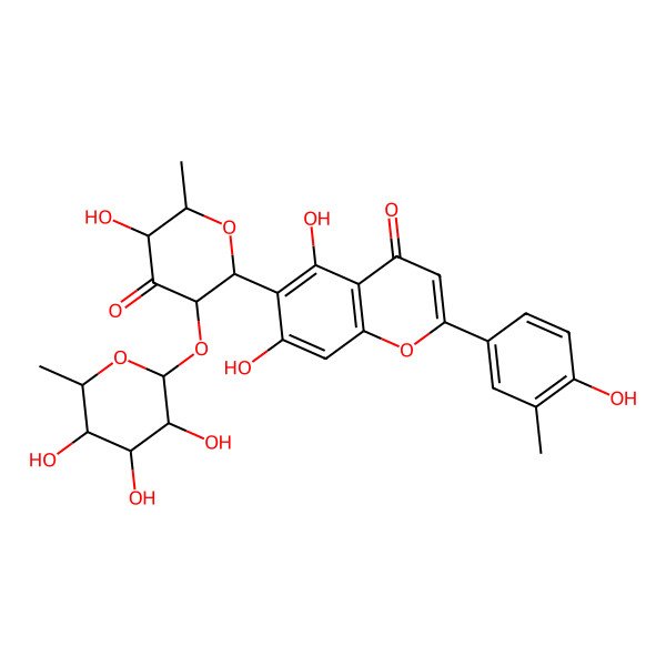 2D Structure of 5,7-Dihydroxy-6-[(2R,3R,5S,6S)-5-hydroxy-6-methyl-4-oxo-3-((2S,3R,4R,5R,6S)-3,4,5-trihydroxy-6-methyl-tetrahydro-pyran-2-yloxy)-tetrahydro-pyran-2-yl]-2-(4-hydroxy-3-methyl-phenyl)-chromen-4-one