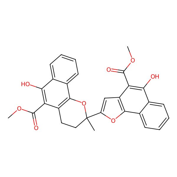 2D Structure of Methyl 6-hydroxy-2-(5-hydroxy-4-methoxycarbonylbenzo[g][1]benzofuran-2-yl)-2-methyl-3,4-dihydrobenzo[h]chromene-5-carboxylate