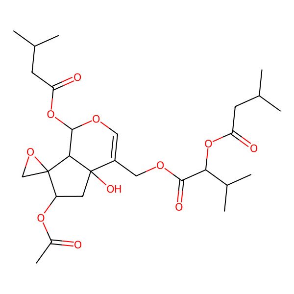 2D Structure of [6-Acetyloxy-4a-hydroxy-1-(3-methylbutanoyloxy)spiro[1,5,6,7a-tetrahydrocyclopenta[c]pyran-7,2'-oxirane]-4-yl]methyl 3-methyl-2-(3-methylbutanoyloxy)butanoate