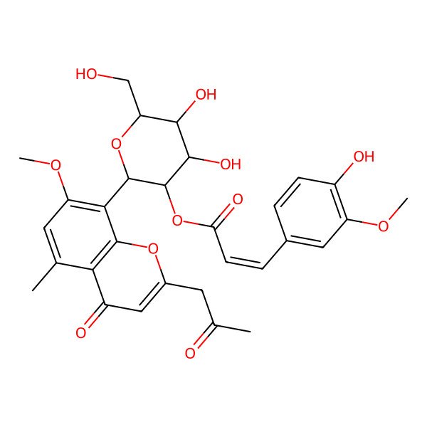 2D Structure of [(2S,3R,4S,5S,6R)-4,5-dihydroxy-6-(hydroxymethyl)-2-[7-methoxy-5-methyl-4-oxo-2-(2-oxopropyl)chromen-8-yl]oxan-3-yl] (E)-3-(4-hydroxy-3-methoxyphenyl)prop-2-enoate