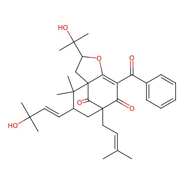 2D Structure of 6-Benzoyl-10-(3-hydroxy-3-methylbut-1-enyl)-3-(2-hydroxypropan-2-yl)-11,11-dimethyl-8-(3-methylbut-2-enyl)-4-oxatricyclo[6.3.1.01,5]dodec-5-ene-7,12-dione