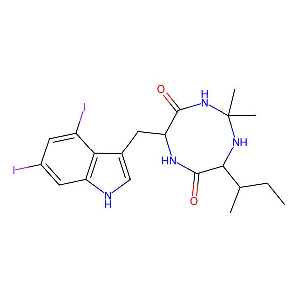 2D Structure of (5R,8R)-8-[(2S)-butan-2-yl]-5-[(4,6-diiodo-1H-indol-3-yl)methyl]-2,2-dimethyl-1,3,6-triazocane-4,7-dione