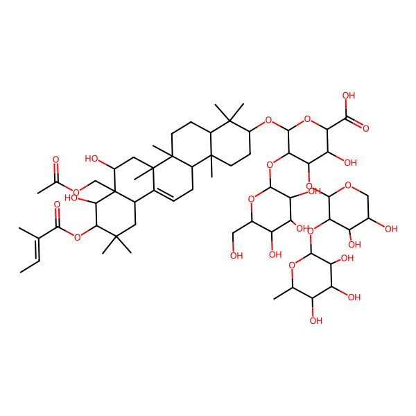 2D Structure of 6-[[8a-(Acetyloxymethyl)-8,9-dihydroxy-4,4,6a,6b,11,11,14b-heptamethyl-10-(2-methylbut-2-enoyloxy)-1,2,3,4a,5,6,7,8,9,10,12,12a,14,14a-tetradecahydropicen-3-yl]oxy]-4-[4,5-dihydroxy-3-(3,4,5-trihydroxy-6-methyloxan-2-yl)oxyoxan-2-yl]oxy-3-hydroxy-5-[3,4,5-trihydroxy-6-(hydroxymethyl)oxan-2-yl]oxyoxane-2-carboxylic acid