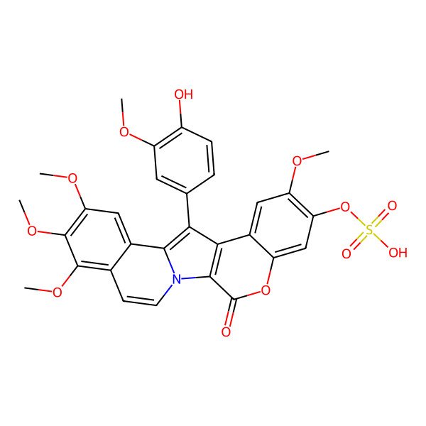 2D Structure of [12-(4-Hydroxy-3-methoxyphenyl)-8,16,17,18-tetramethoxy-3-oxo-4-oxa-1-azapentacyclo[11.8.0.02,11.05,10.014,19]henicosa-2(11),5,7,9,12,14,16,18,20-nonaen-7-yl] hydrogen sulfate