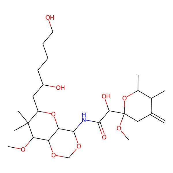 2D Structure of N-[6-(2,6-dihydroxyhexyl)-8-methoxy-7,7-dimethyl-4a,6,8,8a-tetrahydro-4H-pyrano[3,2-d][1,3]dioxin-4-yl]-2-hydroxy-2-(2-methoxy-5,6-dimethyl-4-methylideneoxan-2-yl)acetamide