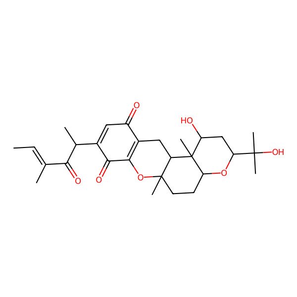 2D Structure of 1-Hydroxy-3-(2-hydroxypropan-2-yl)-6a,12b-dimethyl-9-(4-methyl-3-oxohex-4-en-2-yl)-1,2,3,4a,5,6,12,12a-octahydropyrano[3,2-a]xanthene-8,11-dione