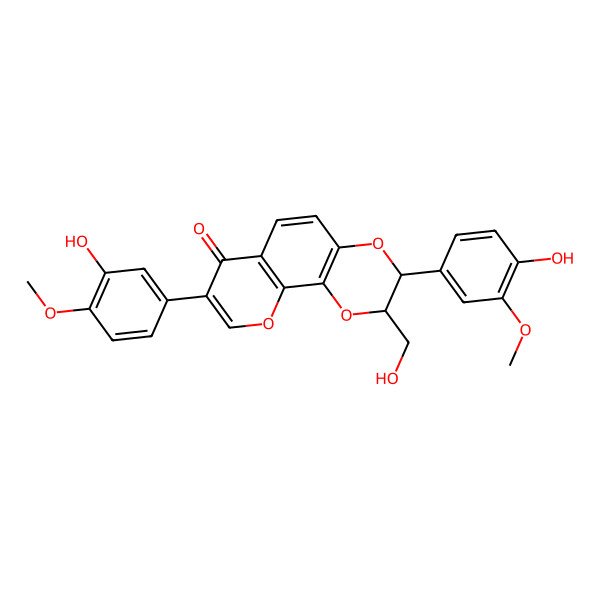2D Structure of 8-(3-Hydroxy-4-methoxyphenyl)-3-(4-hydroxy-3-methoxyphenyl)-2-(hydroxymethyl)-2,3-dihydropyrano[3,2-h][1,4]benzodioxin-7-one