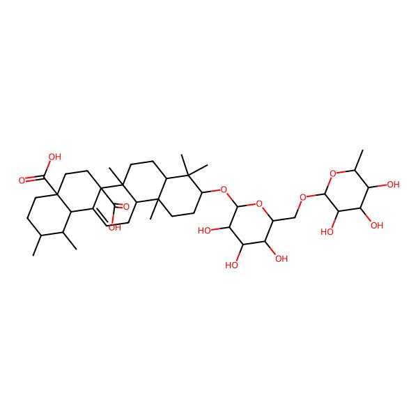 2D Structure of 1,2,6b,9,9,12a-hexamethyl-10-[3,4,5-trihydroxy-6-[(3,4,5-trihydroxy-6-methyloxan-2-yl)oxymethyl]oxan-2-yl]oxy-2,3,4,5,6,6a,7,8,8a,10,11,12,13,14b-tetradecahydro-1H-picene-4a,6a-dicarboxylic acid