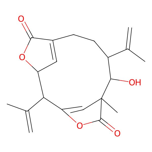 2D Structure of 10-Hydroxy-11-methyl-2,9-bis(prop-1-en-2-yl)-4,13-dioxatricyclo[9.2.1.13,6]pentadeca-1(14),6(15)-diene-5,12-dione