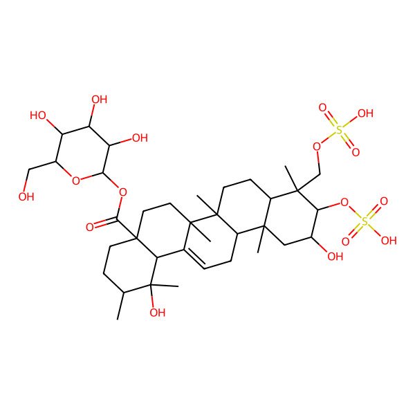 2D Structure of [(2S,3R,4S,5S,6R)-3,4,5-trihydroxy-6-(hydroxymethyl)oxan-2-yl] (1R,2R,4aS,6aR,6aS,6bR,8aR,9R,10R,11R,12aR,14bS)-1,11-dihydroxy-1,2,6a,6b,9,12a-hexamethyl-10-sulfooxy-9-(sulfooxymethyl)-2,3,4,5,6,6a,7,8,8a,10,11,12,13,14b-tetradecahydropicene-4a-carboxylate