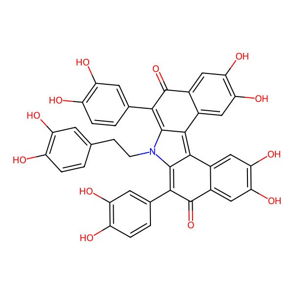 2D Structure of 10,14-Bis(3,4-dihydroxyphenyl)-12-[2-(3,4-dihydroxyphenyl)ethyl]-5,6,18,19-tetrahydroxy-12-azapentacyclo[11.8.0.02,11.03,8.016,21]henicosa-1,3,5,7,10,13,16,18,20-nonaene-9,15-dione