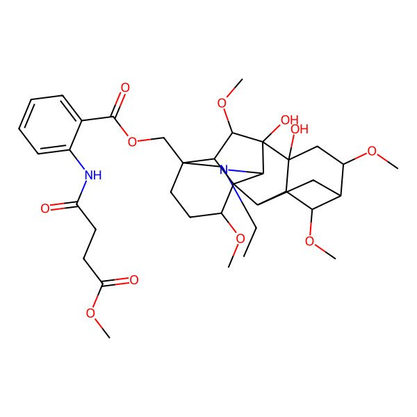 2D Structure of [(1S,2R,3R,4S,5R,6S,8R,9S,10S,13S,16R,17R,18S)-11-ethyl-8,9-dihydroxy-4,6,16,18-tetramethoxy-11-azahexacyclo[7.7.2.12,5.01,10.03,8.013,17]nonadecan-13-yl]methyl 2-[(4-methoxy-4-oxobutanoyl)amino]benzoate