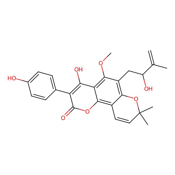 2D Structure of 4-Hydroxy-6-(2-hydroxy-3-methylbut-3-enyl)-3-(4-hydroxyphenyl)-5-methoxy-8,8-dimethylpyrano[2,3-h]chromen-2-one