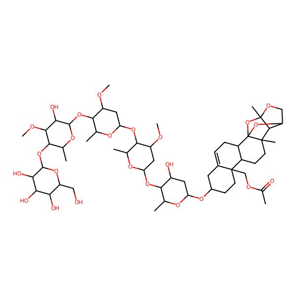 2D Structure of [(1S,2R,7S,10S,11S,14R,15R,16R,19S)-7-[(2R,4R,5S)-4-hydroxy-5-[(2S,4R,5R)-5-[(2S,4R,5R)-5-[(2S,4R,5R)-3-hydroxy-4-methoxy-6-methyl-5-[(2S,4S,5S)-3,4,5-trihydroxy-6-(hydroxymethyl)oxan-2-yl]oxyoxan-2-yl]oxy-4-methoxy-6-methyloxan-2-yl]oxy-4-methoxy-6-methyloxan-2-yl]oxy-6-methyloxan-2-yl]oxy-14,16-dimethyl-17,20,21-trioxahexacyclo[14.4.1.01,14.02,11.05,10.015,19]henicos-4-en-10-yl]methyl acetate