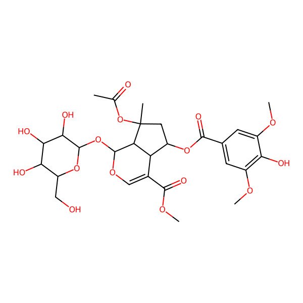 2D Structure of methyl (1S,4aS,5R,7S,7aS)-7-acetyloxy-5-(4-hydroxy-3,5-dimethoxybenzoyl)oxy-7-methyl-1-[(2S,3R,4S,5S,6R)-3,4,5-trihydroxy-6-(hydroxymethyl)oxan-2-yl]oxy-4a,5,6,7a-tetrahydro-1H-cyclopenta[c]pyran-4-carboxylate