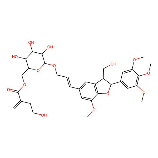 2D Structure of [(2S,3S,4R,5S,6S)-3,4,5-trihydroxy-6-[(E)-3-[(2S,3S)-3-(hydroxymethyl)-7-methoxy-2-(3,4,5-trimethoxyphenyl)-2,3-dihydro-1-benzofuran-5-yl]prop-2-enoxy]oxan-2-yl]methyl 4-hydroxy-2-methylidenebutanoate