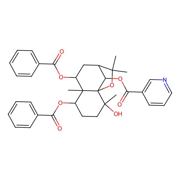 2D Structure of (5,7-Dibenzoyloxy-2-hydroxy-2,6,10,10-tetramethyl-11-oxatricyclo[7.2.1.01,6]dodecan-12-yl) pyridine-3-carboxylate