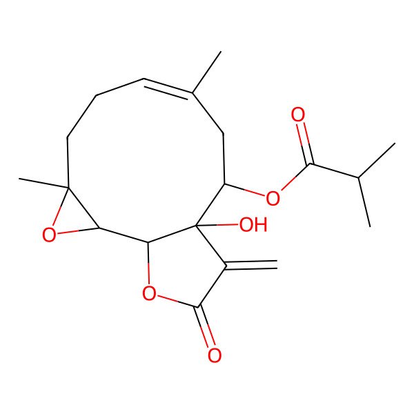 2D Structure of (11-Hydroxy-4,8-dimethyl-12-methylidene-13-oxo-3,14-dioxatricyclo[9.3.0.02,4]tetradec-7-en-10-yl) 2-methylpropanoate