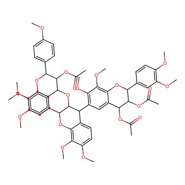 2D Structure of [(2R,3R,4S)-4-[[(2R,3R,4R)-4-[(2R,3S,4R)-3,4-diacetyloxy-2-(3,4-dimethoxyphenyl)-7,8-dimethoxy-3,4-dihydro-2H-chromen-6-yl]-7,8-dimethoxy-2-(4-methoxyphenyl)-3,4-dihydro-2H-chromen-3-yl]oxy]-7,8-dimethoxy-2-(4-methoxyphenyl)-3,4-dihydro-2H-chromen-3-yl] acetate