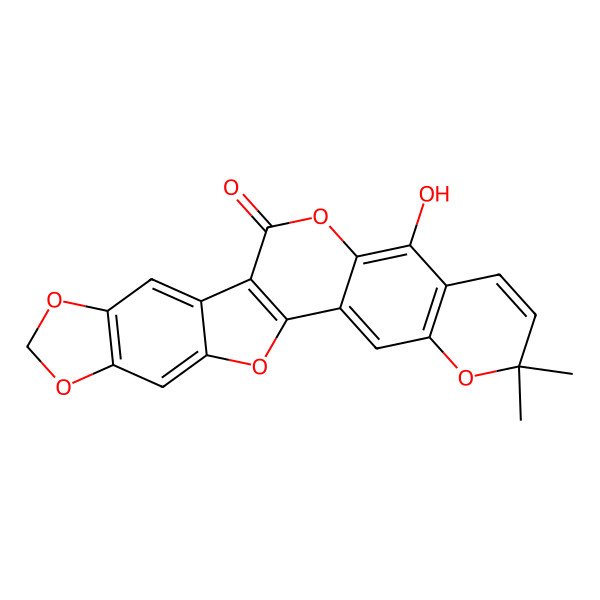 2D Structure of 10-Hydroxy-6,6-dimethyl-5,12,18,20,24-pentaoxahexacyclo[12.10.0.02,11.04,9.015,23.017,21]tetracosa-1(14),2,4(9),7,10,15,17(21),22-octaen-13-one