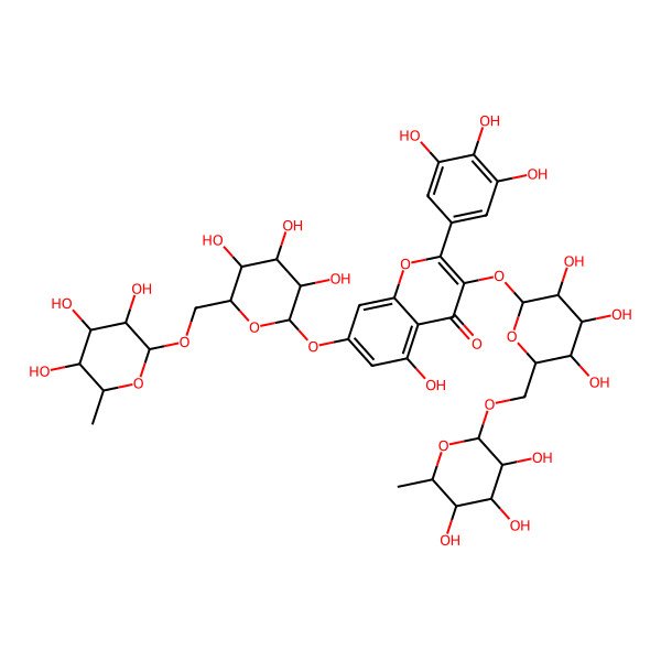 2D Structure of 5-hydroxy-2-(3,4,5-trihydroxyphenyl)-3,7-bis[[(2S,3R,4S,5S,6R)-3,4,5-trihydroxy-6-[[(2R,3R,4R,5R,6S)-3,4,5-trihydroxy-6-methyloxan-2-yl]oxymethyl]oxan-2-yl]oxy]chromen-4-one