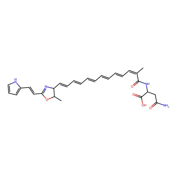 2D Structure of 4-amino-2-[[2-methyl-13-[5-methyl-2-[2-(1H-pyrrol-2-yl)ethenyl]-4,5-dihydro-1,3-oxazol-4-yl]trideca-2,4,6,8,10,12-hexaenoyl]amino]-4-oxobutanoic acid
