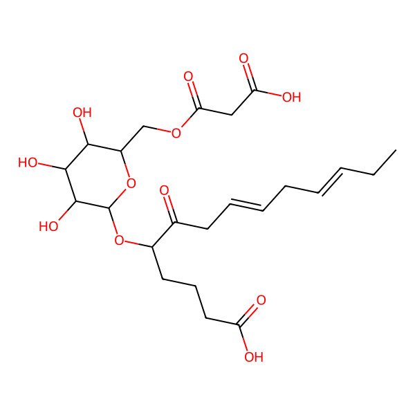 2D Structure of (5R,8Z,11Z)-5-[(2S,3R,4S,5S,6R)-6-[(2-carboxyacetyl)oxymethyl]-3,4,5-trihydroxyoxan-2-yl]oxy-6-oxotetradeca-8,11-dienoic acid