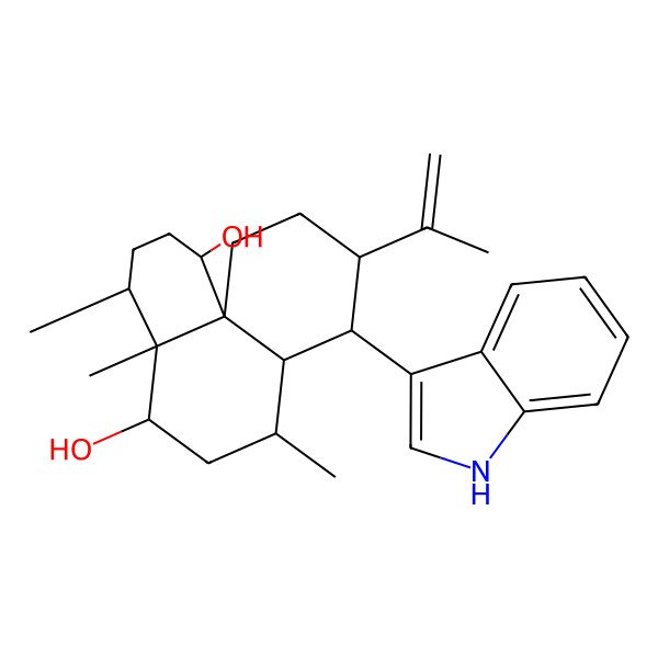 2D Structure of (1S,4R,4aS,5R,7R,7aS,8S,9R,11aS)-8-(1H-indol-3-yl)-4,4a,7-trimethyl-9-prop-1-en-2-yl-1,2,3,4,5,6,7,7a,8,9,10,11-dodecahydrobenzo[d]naphthalene-1,5-diol